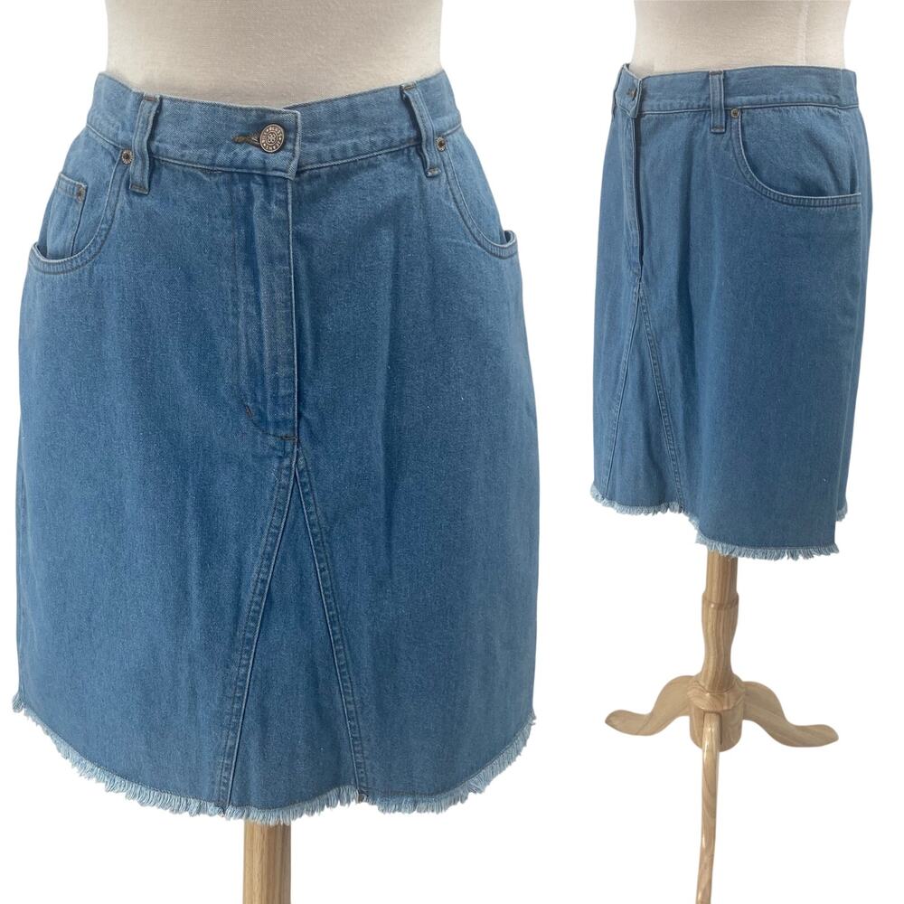 Vintage 90s Bill Blass Jeans Denim Mini Skirt High Waist Cotton Light Blue 12